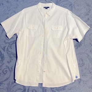 White seersucker, short sleeve men shirt. Designed by Cremieux. Size 3XB.$63.00.